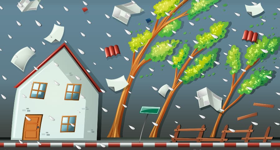Representation of a storm striking a residence and the surrounding environs