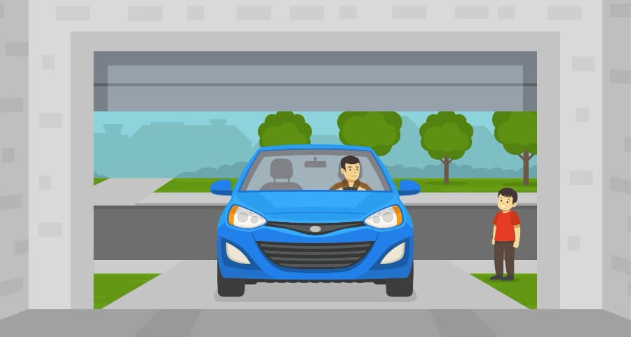Illustration of a homeowner driving into the garage with a child waiting nearby.