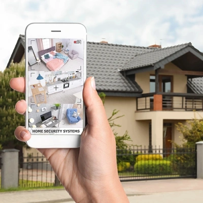 Waco vivint phone display of cctv live feed in front of a house